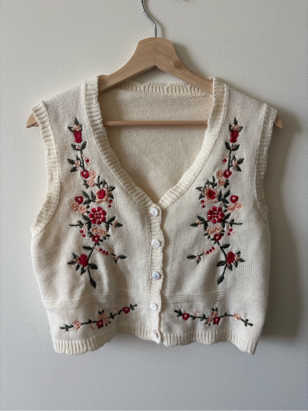 SHEIN Cream V-Neck Knit Vest with Red & Pink Floral Embroidery
